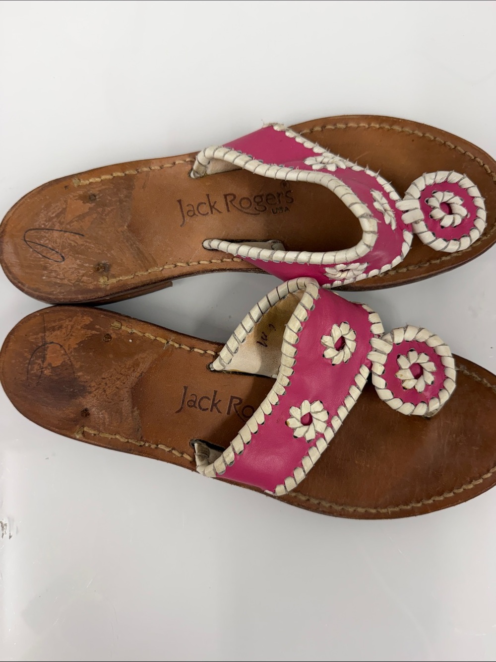 Jack Rogers Pink and Cream Leather Thong Sandals